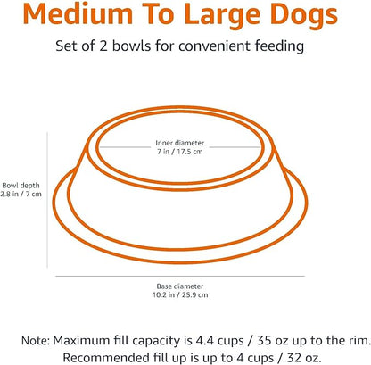 Amazon Basics Stainless Steel Non-Skid Pet Dog Water And Food Bowl, 2-Pack (10 x 2.8 Inches), Each Holds Up to 4 Cups