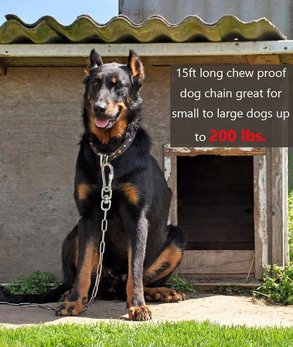 15 ft Dog Chains for Outside - Heavy Duty Tie Out Chain Leash Great for Small to Large Dogs Up to 200Lbs - Chew Proof Long Chain for Yard Camping or Travel (15ft Without Spring)