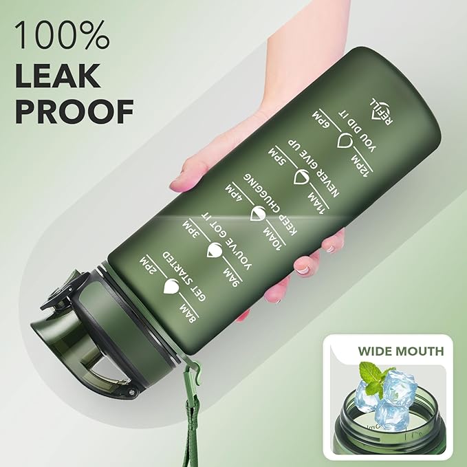 Enerbone Water Bottle, Leakproof BPA & Toxic Free, Motivational Water Bottle with Times to Drink and Straw, Fitness Sports Water Bottle with Strap for Office, Gym, Outdoor Sports