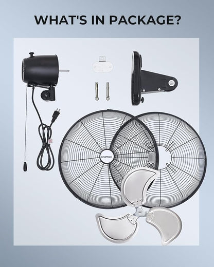 20 inch Wall Mount Fan Oscillating, 3-Speed 5500 CFM High Velocity Industrial Wall Mounted Fan, Heavy Duty Air Circulator for Garage, Shop, Gym, Workshop, Covered Patio - UL Listed