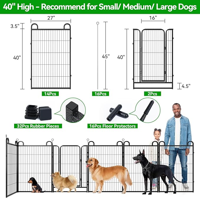 Dog Playpen Outdoor 16 Panels Heavy Duty Dog Fence 40" Height Anti-Rust with Doors Portable for RV Camping Yard, Total 36FT, 102 Sq.ft, Snowy Black