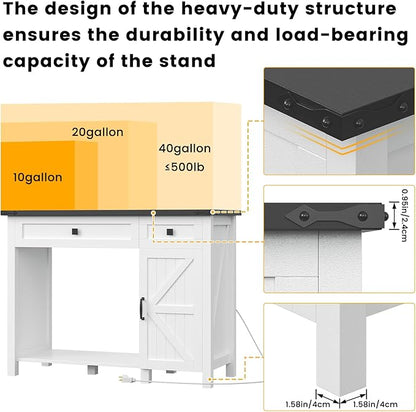 40 Gallon Aquarium Stand With Charging Station, Farmhouse Fish Tank Stand, Reptile Tank Stand Terrarium Stand with Drawer and Cabinet Storage, Sturdy Heavy Duty 41.9"×18.3" Tabletop - White