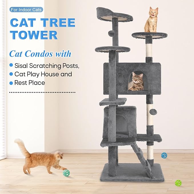 FDW Cat Tree 54in Cat Tower Multi-Level Durable Cat Scratching Post & Cozy Fun Cat Jumping Platform Space Saving Cat Condo Pet Play House for Indoor Cats,Light Gray
