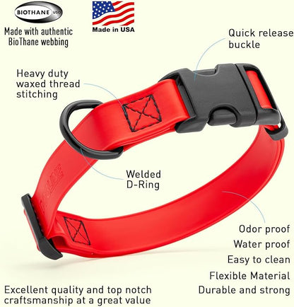 Dogline Biothane Waterproof Dog Collar with Quick Release Buckle Strong Coated Nylon Webbing with Odor- Proof for Easy Care Easy to Clean Fits Small Medium or Large Dogs, Red 3/4" W 12-19" L