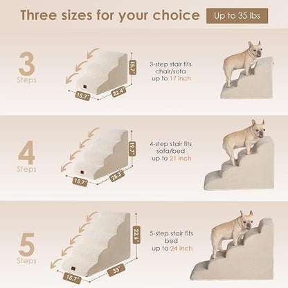 EHEYCIGA Curved Dog Stairs Ramp for Small Dogs 15.7" H, 3-Step Dog Steps for Couch Sofa and Chair, Pet Stairs for Cats, Non-Slip Balanced Pet Steps Indoor, Beige