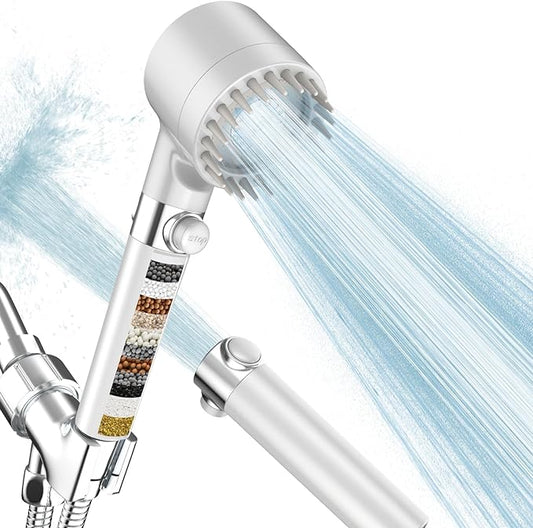 Filtered Shower Head with Handheld, High Pressure 3 Spray Mode Showerhead with 18 Stage Water Softener Filters for Hard Water - Handheld Shower Head-Remove Chlorine-White