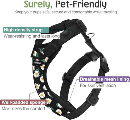 Dog Seat Belt, Safety Vest Dog Car Harness with Adjustable Buckle Dog Seat Belt for Vehicle Nylon Pet Safety Seat Belts Heavy Duty(L, Black Daisy)