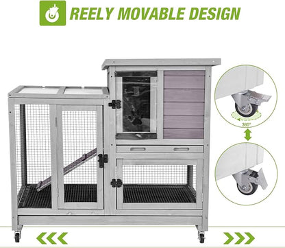 2-Story Rabbit Hutch Indoor Bunny Cage Outdoor Guinea Pig House with Wire Mesh Floor, Leak-Proof Trays, Lockable Wheels for Rabbits, Guinea Pigs, 40.6" L x 26" W x 37.6" H