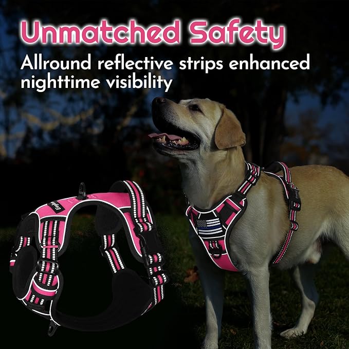 Eagloo Dog Harness for Large Dogs, Easy Wearing with 3 Buckles, Adjustable No Pull Pet Harness with 2 Rings for Walking, No Chock Reflective Soft Padded Vest with Control Handle, Pink & Black, L