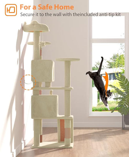 60'' Cat Tree Tower for Indoor Cats Large Adult,Cute/Tall Modern Cat Tree for Big Cats 20 lbs, Plush Multi-Level Cat Condo with Scratching Posts, Dangling Ball Indoor (Beige, 60 inch)