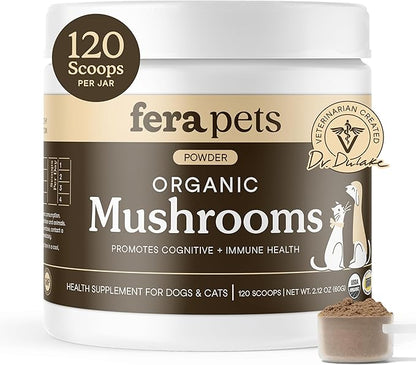 Fera Pets Mushroom Supplement for Dogs & Cats with Turkey Tail - USDA Organic - Cognitive and Immune Support - Enhances Liver Function - Supports a Healthy Gut - Powder - 120 Scoops