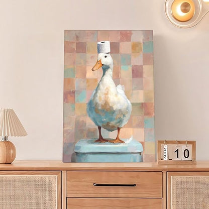 Funny Duck Bathroom Wall Art Cute Duck on Toilet Canvas Wall Decor Funny Quirky Farm Animal Pictures Painting Print Framed Artwork Decorations Gifts for Bathroom 16"x24"