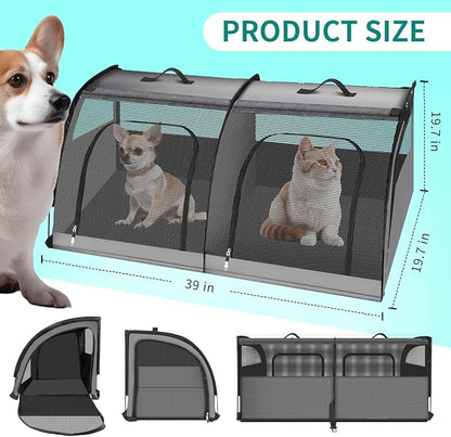 Double Cat Car Travel Carrier, Twin Compartment Show House Cat Cage/Condo，Portable Pet Crate for 2 Cats Travel Double Dog Crate Set for Long Distance Travel