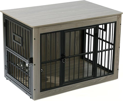 Gardner Pet Dog Crate Furniture for Medium Dogs, 38.8 Inch Dog Kennel Indoor, Wooden Dog Cage End Table with 2 Removable Bowls, Heavy Duty Dog Crate, Rustic Grey
