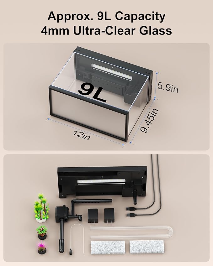 Fish Tank with Desktop Humidifier, 2.38 Gallon Quiet Eco Aquarium,Smart Touch LED Light & Temperature Display, Glass Mini Fish Tank