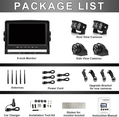 Fookoo HD 1080P 9" Wireless Backup Camera System, 9-inch Quad Split Screen Monitor w/Recording, IP69 Waterproof Side View Rear View Cameras, Digital Signal, Parking Lines for RV/Truck/Trailer (DW9T4)