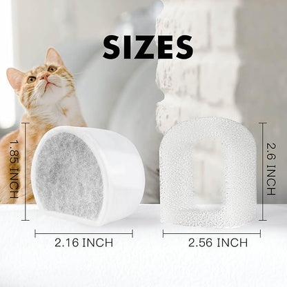 16 Pack Cat Water Fountain Filters Replacement, 8 Carbon Filters and 8 Foam Sponge Pre-Filter Fit for Multiple Ceramic and Stainless Steel Pet Fountains