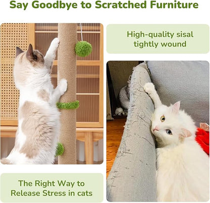 33" Tall Cat Scratching Post for Indoor Cats, Premium Sisal Scratch Posts with Cat Toys and Fun Mouse Holer for Cats at All Ages, Scratcher Tree with Reinforced Stable Base (Green)