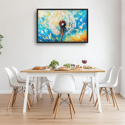 Extra Large Abstract Dandelion Framed Wall Art for Living Room,Oversized Colorful Dandelion Flower Pictures Wall Decor,Blue Canvas Print Painting Modern Artwork Bedroom Office Bathroom 36L" x 24W"