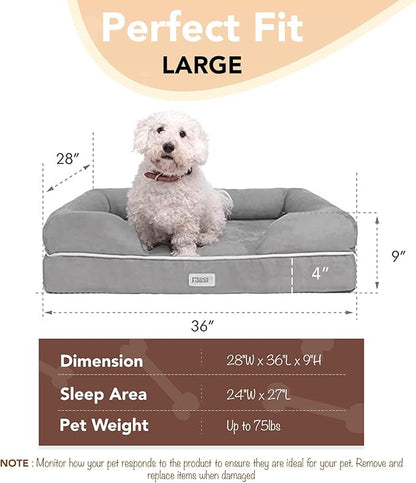 Friends Forever Large Dog Bed, Orthopedic Pet Sofa Memory Foam Mattress, Calming Dog Couch, Wall Rim Pillow, Water Resistant Liner, Washable Cover, Non-Slip Bottom, Chester, Large Grey