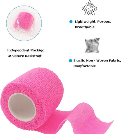 24 Rolls Pink Elastic Self Adhesive Bandage Wrap, Breathable Flexible Fabric Non Woven Cohesive Bandage, Ankle Sprains Swelling Medical First Aid Sports Athletic Tape, Dogs Pet Vet Wrap 2 in x 5 Yards