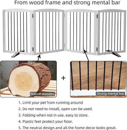 Freestanding Panel Dog Gate for Indoor, Doorways, Stairs, or Hallways - Foldable Wooden Pet Fence With Support Feet - 24" Height, 4 Panels, White