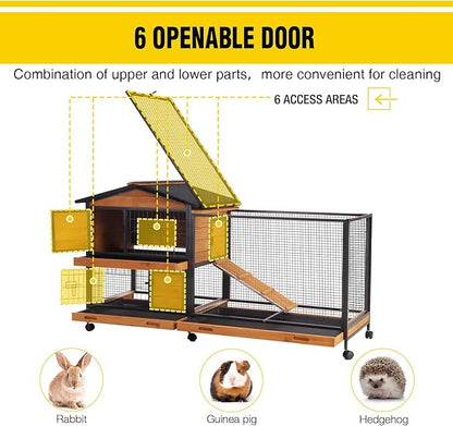 AIVITUVIN Rabbit Hutch Indoor with Metal Frame Rabbit Cage with Pull Out Tray No Leakage Bunny Cage with Wheel Guinea Pig Cage