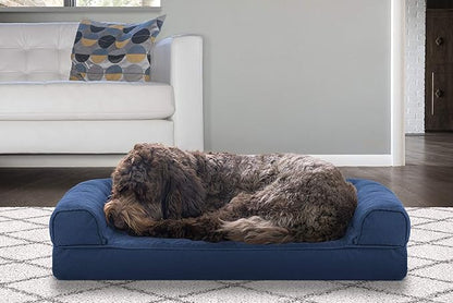 Furhaven Cooling Gel Dog Bed for Medium/Small Dogs w/ Removable Bolsters & Washable Cover, For Dogs Up to 35 lbs - Quilted Sofa - Navy (Blue), Medium