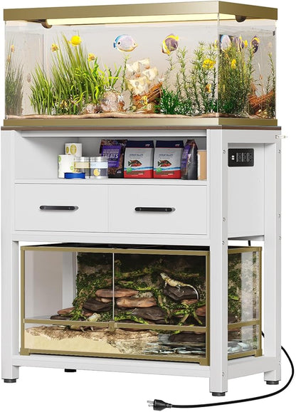 20-29 Gallon Fish Tank Stand with Power Outlet & 2 Storage Drawers, Heavy Duty Metal Frame Aquarium Stand with Waterproof Mat, 30.7" L*15.7" W Tabletop, 550LBS Capacity, White+Brown