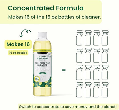 Good Natured Brand All-Purpose Cleaner Concentrate | Multi-Surface Cleaner | Natural Lemon Essential Oil | Multipurpose Cleaner Concentrate All Surfaces | Lemon Love | 16oz makes 256oz