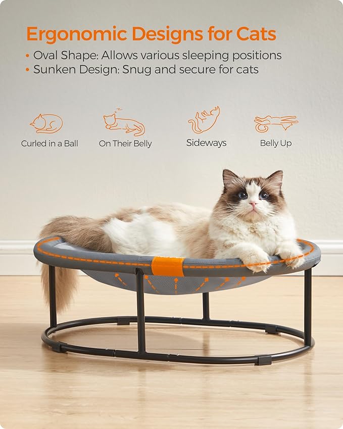 Feandrea Pet Bed, Cat Hammock, Elevated Cat Bed for Multiple Cats, with Removable Washable Mesh, for Pets up to 28 lb, Oval, Gray UPCB002G01
