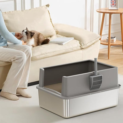 28" Extra Large XXL Stainless Steel Cat Litter Boxes with Lid Metal Cat Litterbox Pan for Big Cats and Multiple Cats, Anti-Leakage, Easy Cleaning, Include Scoop