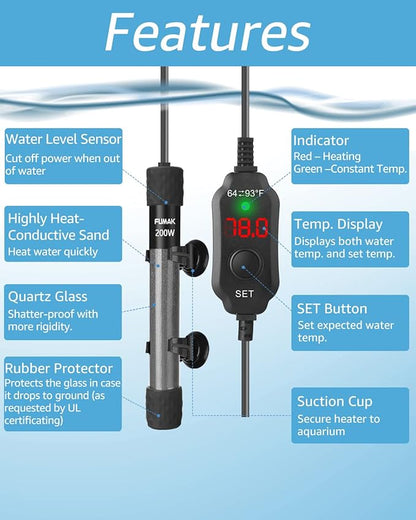 200W Adjustable Aquarium Heater Super Short Submersible Fish Tank Heater Fish Heater with LED Digital Display Thermostat, for Tanks 20-40 Gallons