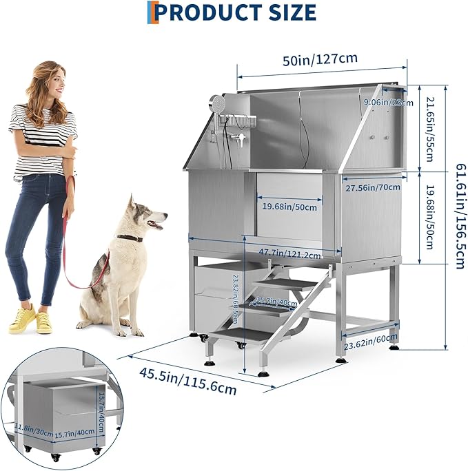 50" Stainless Steel Professional Dog Washing Station - Pet Bathing Tub w/Non-Slip Stairs & Storage Shelf | Slip-Resistant Floor Grate | for Large/Medium/Small Dogs