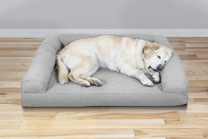 Furhaven Cooling Gel Dog Bed for Large Dogs w/ Removable Bolsters & Washable Cover, For Dogs Up to 95 lbs - Quilted Sofa - Silver Gray, Jumbo/XL