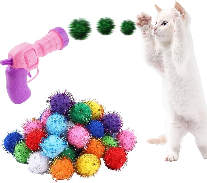 Dorhui Cat Toy Balls with Launchers Set, 30 Pcs Sparkle Pom Ball for Cat,Cat Enrichment Toys,cat Toys for Indoor Cats, Interactive Glitter Pom Ball for Kitty Gifts