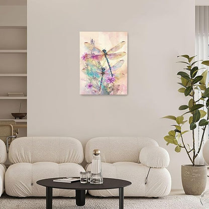 Dragonfly Bathroom Pictures Wall Art, Floral Bathroom Wall Decor, Framed Painting Canvas Artwork for Bedroom Living Room Decorations 16"L x 12"W