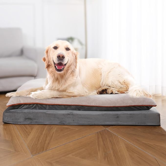 Amazon Basics Dog Bed with Cooling Gel Memory Foam, Pressure-Relief Support for Dogs up to 120lbs, Non-Slip Bottom, Machine Washable Cover, Giant Sized (48" x 36"), Grey