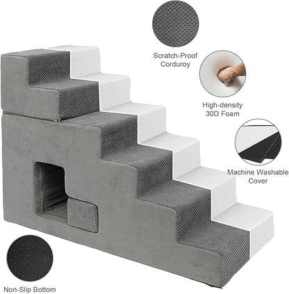 Dog Stairs for Small Dogs 27”H, 6-Step Dog Steps for High Bed, High-Density Foam Pet Stairs with Non-Slip Removable Washable Cover to Get on Bed