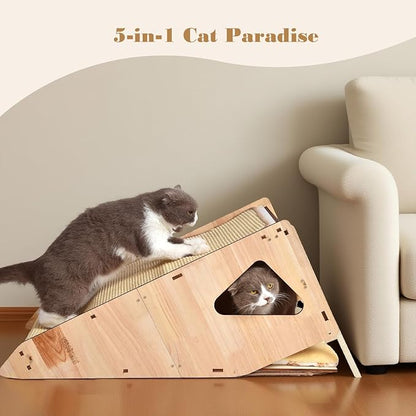 32in Cat Scratching Posts for Indoor Cats: Replaceable Sisal Mats & Sturdy 3D Wood Frame, Integrated Cat Condo, Hideout, Tunnel, All-in-One Space Saver for Multi-Cat & Budget-Friendly Homes