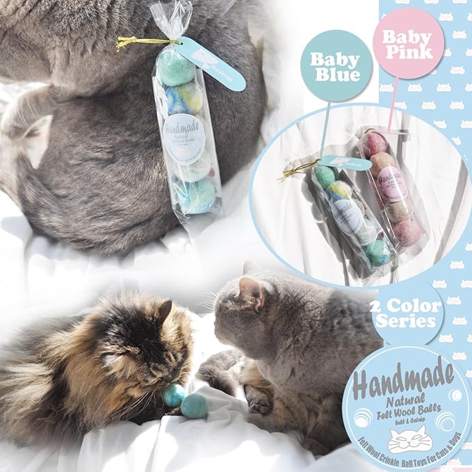 Felt Wool Cat Toys Ball with Catnip and Bell, Natural Handmade (Baby Blue (5 Units))