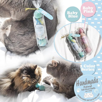 Felt Wool Cat Toys Ball with Catnip and Bell, Natural Handmade (Baby Blue (5 Units))