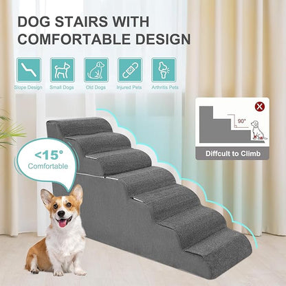 7-Step Dog Stairs for High Bed - 29.5" Adjustable Dog Ramps for Couch, Non-Slip Sturdy Pet Steps for Small Dogs, Washable Cover, Removable Modular Design, Dual 11.8” & 17.7” Steps for Custom Height