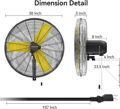 30 Inch Industrial Wall Mount Fan Oscillating, 8900 CFM Commercial Metal Wall Fans with Poweful Motor, 3 Speed, Heavy Duty Construction Indoor for Warehouse, Workshops, and Garage, UL Listed