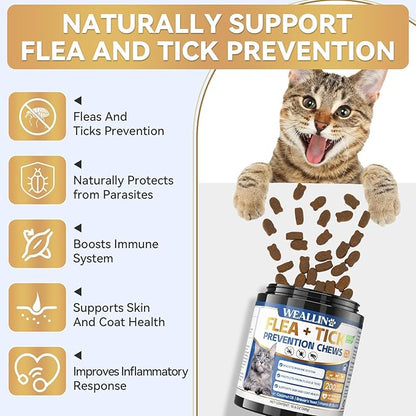 Flea and Tick Prevention for Cats, 200 Soft Chews for Fleas Treatment for Cats, Natural Cat Oral Flea Chewables Support Supplement, Flea and Tick Chews for All Breeds & Sizes