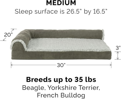 Furhaven Cooling Gel Dog Bed for Medium/Small Dogs w/ Removable Bolsters & Washable Cover, For Dogs Up to 35 lbs - Two-Tone Plush Faux Fur & Suede L Shaped Chaise - Dark Sage, Medium