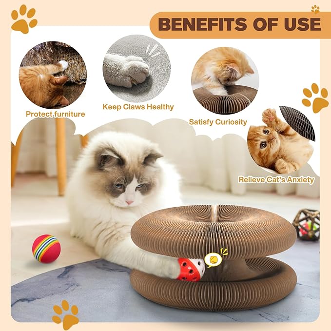 2 PCS Magic Organ Cat Scratcher Board with 6 Balls, Foldable Recyclable Accordion Cats Toy with Ball and Track Adventure, Cat Scratching Pad, Retractable Reversible Furniture Protector(Brown)