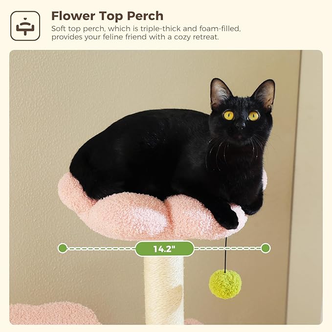Flower Cat Tree, 62-Inch Large Cat Tower for Multi-Cat Households w/Scratching Posts, Multi-Level Cat Condo w/Cozy Top Perch & Scratching Pad, Padded Platform, 2 Pompoms, Pink