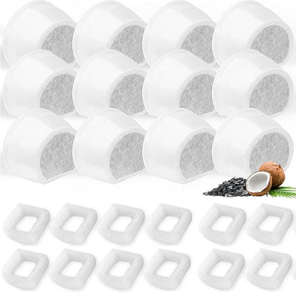 24 Pack Cat Water Fountain Filters Replacement, 12 Carbon Filters and 12 Foam Sponge Pre-Filter Fit for Multiple Ceramic and Stainless Steel Pet Fountains