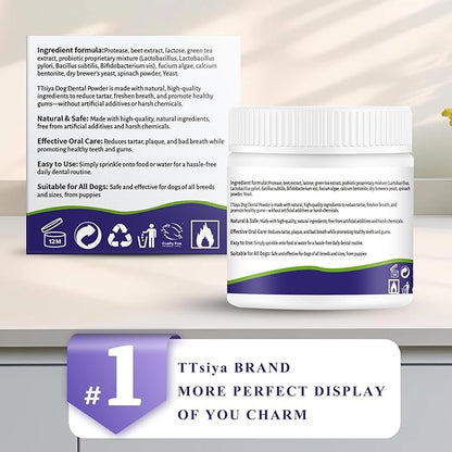 Dog Teeth Cleaning Powder, Pet Dental Powder -Dental Care, Dogs Breath Freshener with Probiotics for Tartar & Reduces Plaque & Bad Breath Teeth Cleaning for Small, Medium, Large Dogs 100g